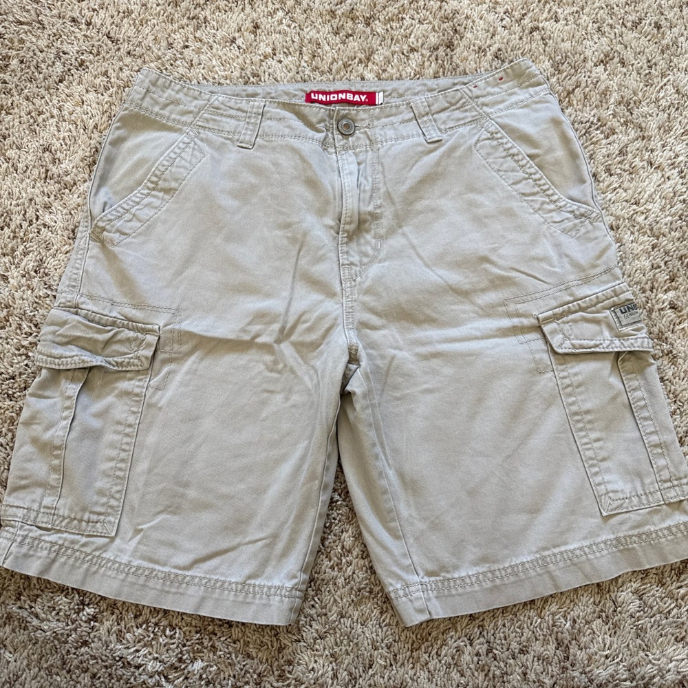 Unionbay Mens Khaki Cargo Shorts Size 34 Tan Cotton Twill Multi Pocket Utility